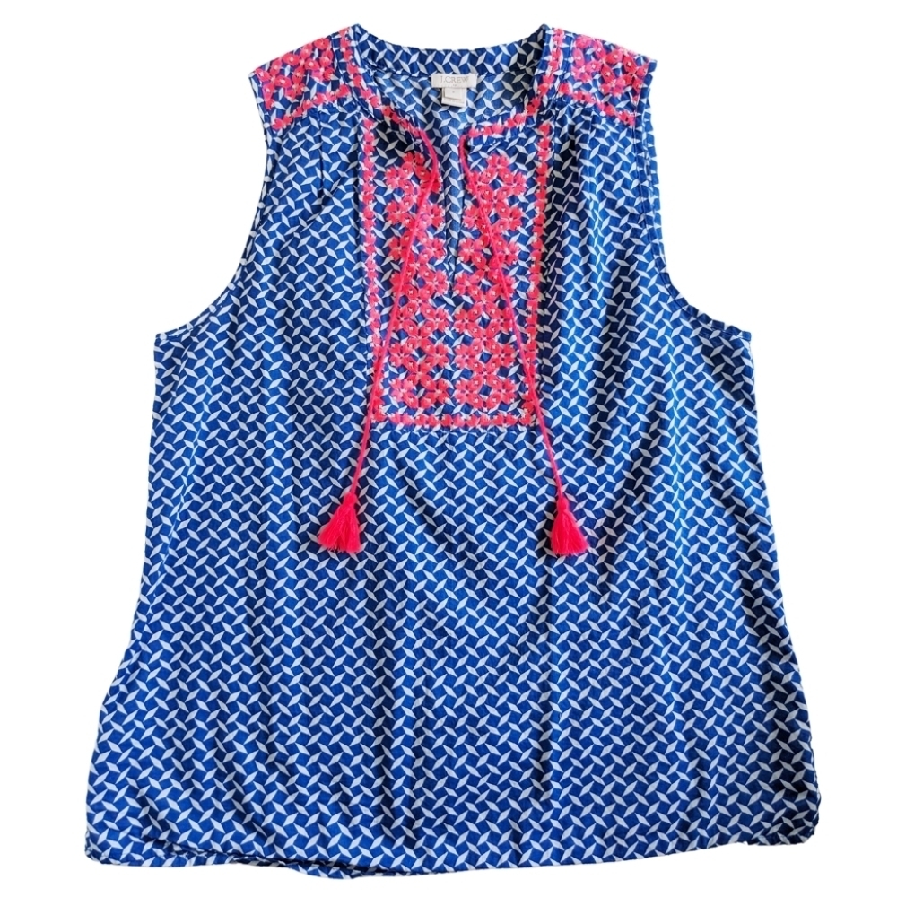 J. Crew Women's Crochet Embroidered Tassel Sleeveless Tank Top Boho Blue Size 8
